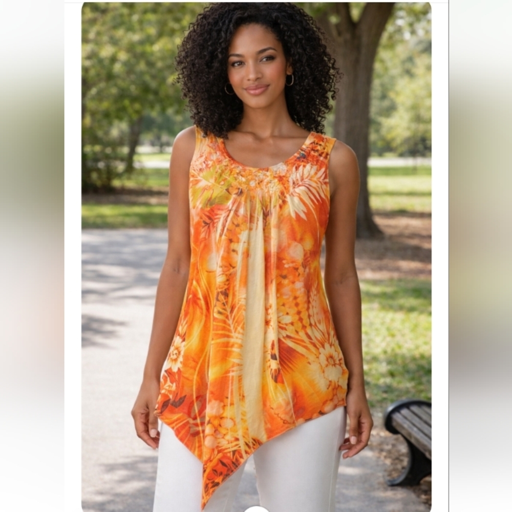 Dressbarn Orange Yellow Floral Asymmetrical Top Sleeveless Size S